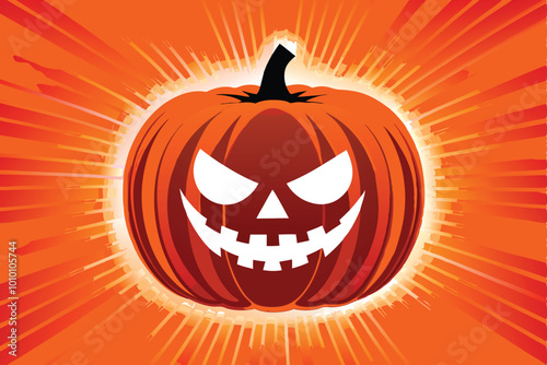 A scary, carved jack o' lantern pumpkin with a spooky 'F' cut out on a bright orange background.