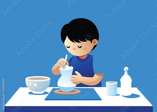 A young child, with dark hair, is shaping clay into a vase while sitting at a table with various tools.