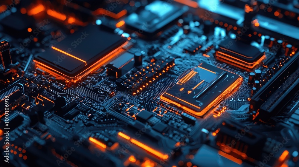 Close-up of an Illuminated Motherboard with Orange and Blue LEDs Close-up of an Illuminated Motherboard with Orange and Blue LEDs