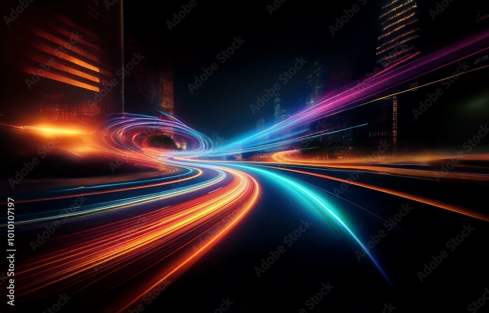 Abstract depiction of a city skyline at night, with colorful light streaks tracing the paths of cars traveling on a curved road. Abstract depiction of a city skyline at night, with colorful light streaks tracing the paths of cars traveling on a curved road.