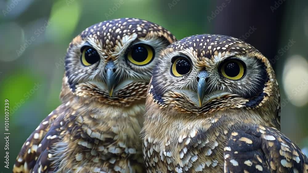 Two owls with intricate feather patterns, gazing intently in a lush, green environment. Two owls with intricate feather patterns, gazing intently in a lush, green environment.