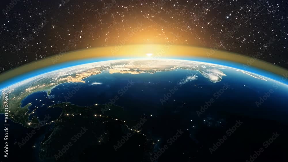 Epic sunrise over Earth from space with a star-filled background, showcasing the serene beauty of the planet s dawn against a cosmic expanse Epic sunrise over Earth from space with a star-filled background, showcasing the serene beauty of the planet s dawn against a cosmic expanse