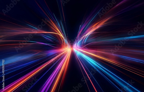 Abstract digital artwork showcasing a colorful, dynamic light trail radiating outwards from a central point.