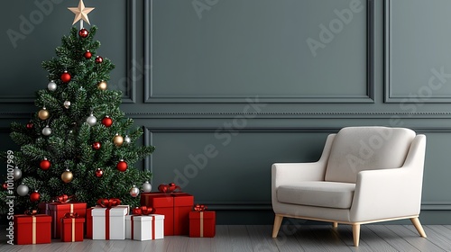 An elegant Christmas tree  paired with gifts and an armchair  brings sophistication to the festive season.