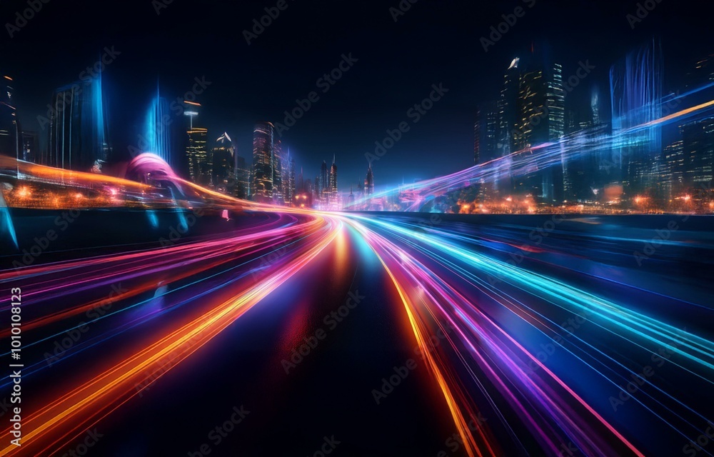 Fototapeta premium A highway with colorful light trails streaks through a nighttime cityscape.