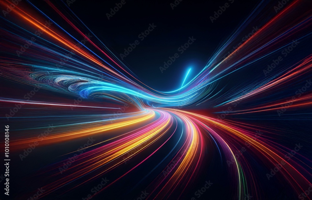 Abstract background of colorful glowing light streaks curving in the darkness. Abstract background of colorful glowing light streaks curving in the darkness.