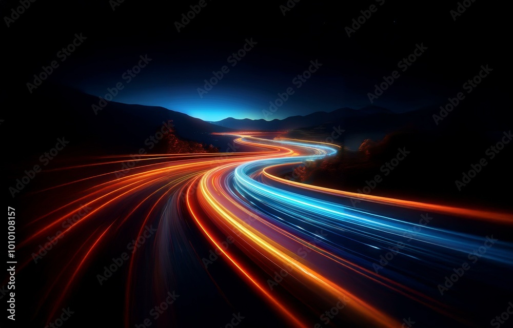 A winding road through dark mountains with long exposure light trails. A winding road through dark mountains with long exposure light trails.