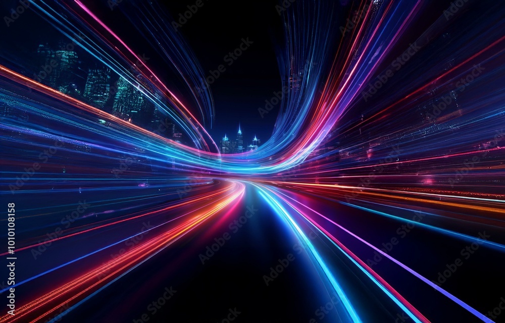 A city skyline at night with streaks of light in a blurred, futuristic, abstract style. A city skyline at night with streaks of light in a blurred, futuristic, abstract style.