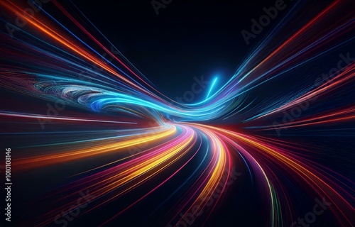 Abstract background of colorful glowing light streaks curving in the darkness.