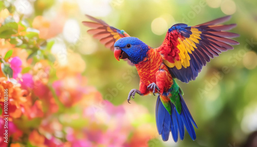 Vibrant rainbow lorikeet in flight surrounded by lush, colorful blossoms with blurred background, capturing the essence of a lively tropical paradise.