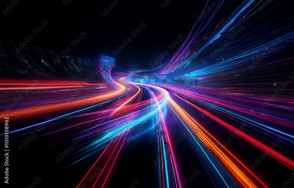 Abstract light trails in vibrant red, blue, and orange colors curve and intersect against a dark background. Abstract light trails in vibrant red, blue, and orange colors curve and intersect against a dark background.