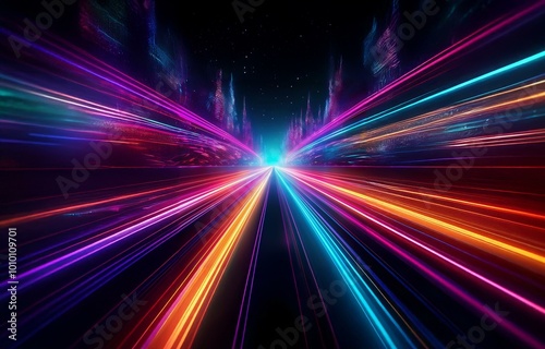 A dark background with vibrant neon lines of light shooting out from the center.
