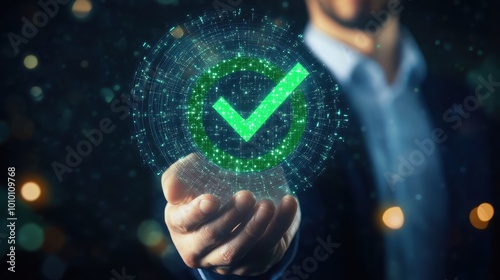 Holographic Tick Mark Represents Business Approval and Verification photo
