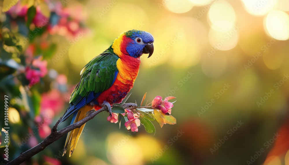 Naklejka premium A vibrant rainbow lorikeet perches on a branch with pink flowers, set against a soft, glowing bokeh background.