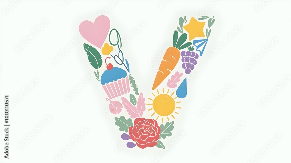 Pastel-colored letter V with heart, cupcake, star, and rose on white background Pastel-colored letter V with heart, cupcake, star, and rose on white background