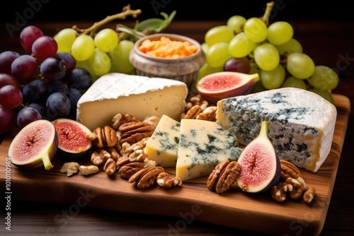 Cheese Board with Brie, Blue Cheese, Figs, Grapes, and Pecans