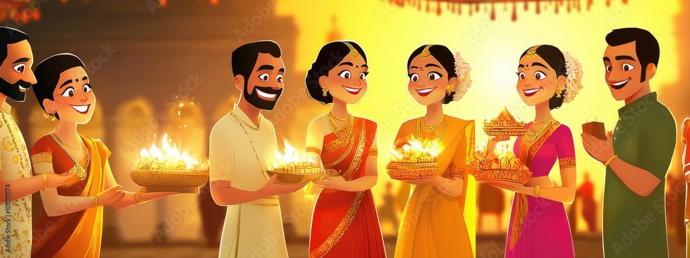 Φωτογραφία Festive cheer: happy Labh Pancham, capturing the essence of people celebrating Indian holiday with enthusiasm, partaking in rituals, cultural activities, reflecting a vibrant and joyful atmosphere