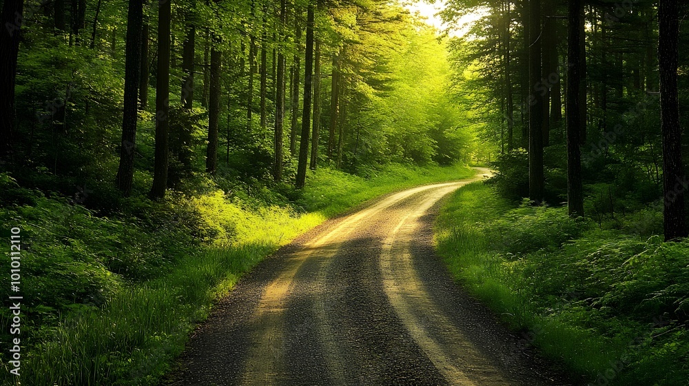 Fototapeta premium A narrow gravel road meandering through a lush, green pine forest, creating a scene of natural rural beauty 