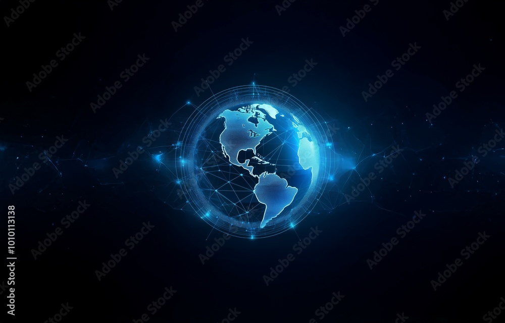 Fototapeta premium A glowing blue globe with a network of lines and dots set against a dark blue background.