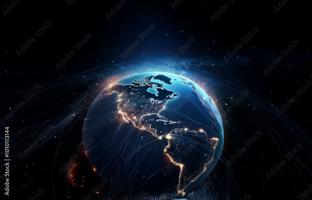Naklejka premium A glowing earth with luminous lines connecting cities across the globe.