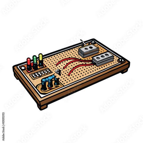 A detailed labeled vector illustration of a breadboard with components and wires connected.