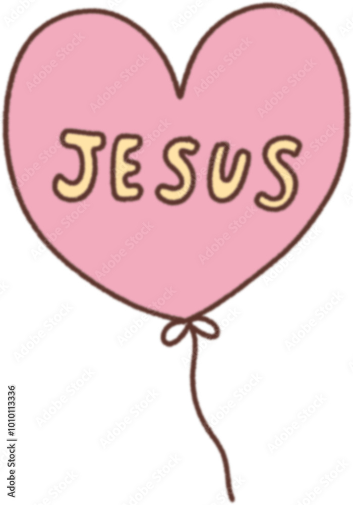 Icon hand drawing with the word JESUS inside a pink heart shaped balloon. Christmas nativity concept. Icon hand drawing with the word JESUS inside a pink heart shaped balloon. Christmas nativity concept.