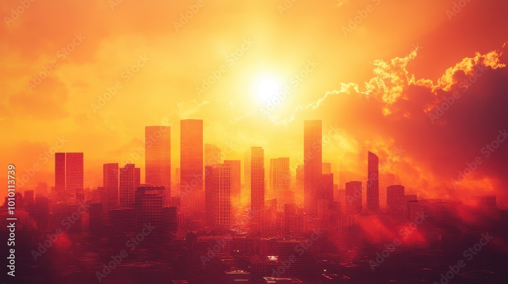 Fiery Cityscape: Vibrant Skyscraper Silhouettes Against a Sunset Sky Fiery Cityscape: Vibrant Skyscraper Silhouettes Against a Sunset Sky