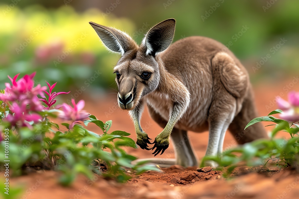 A kangaroo hopping through the Australian outback, with red dirt and native plants creating a vibrant backdrop for the animal’s swift movements A kangaroo hopping through the Australian outback, with red dirt and native plants creating a vibrant backdrop for the animal’s swift movements