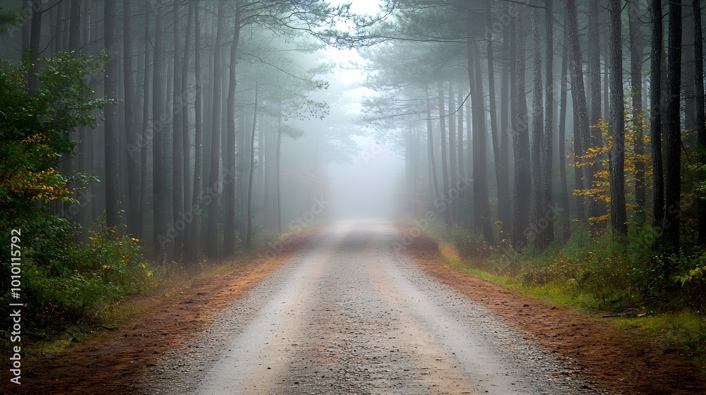 Naklejka premium A secluded gravel road lined with tall pines, gently curving toward a hidden cabin in the distance, surrounded by mist and an inviting atmosphere