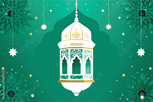 A festive Ramadan lantern with intricate patterns, hanging against a green background with white and gold stars.