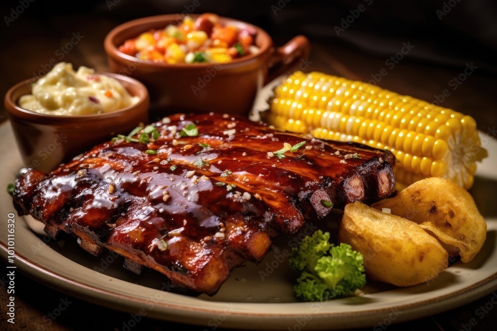 Glazed Pork Ribs with Corn on the Cob, Potato Wedges, and Side Dishes