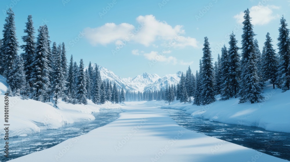 A snow-covered river with trees on either side A snow-covered river with trees on either side