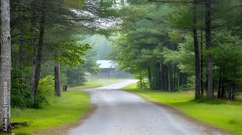 A secluded gravel road lined with tall pines, gently curving toward a hidden cabin in the distance, surrounded by mist and an inviting atmosphere 