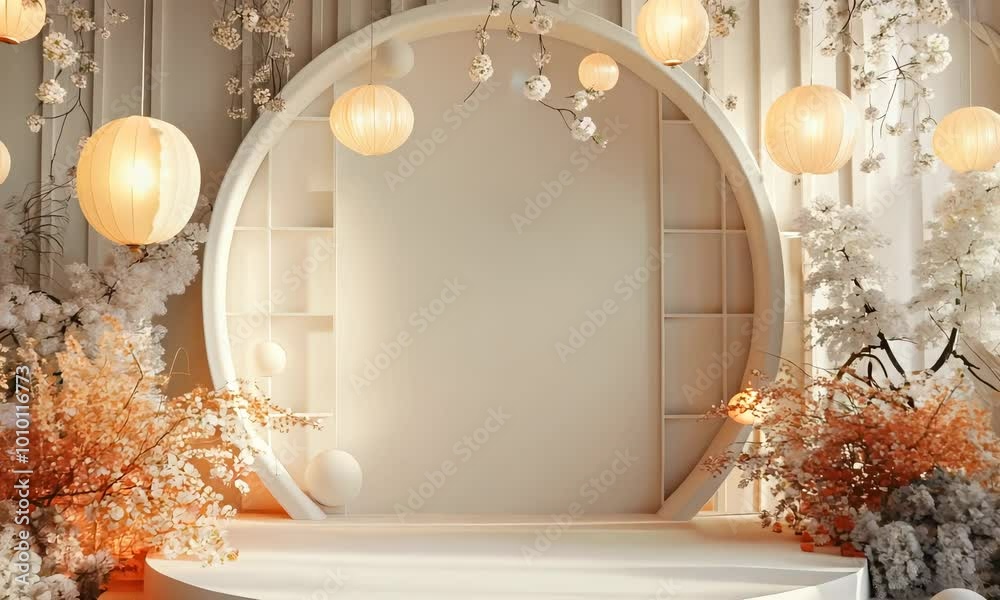 Elegant wedding podium adorned with flowers and soft lanterns in a romantic venue