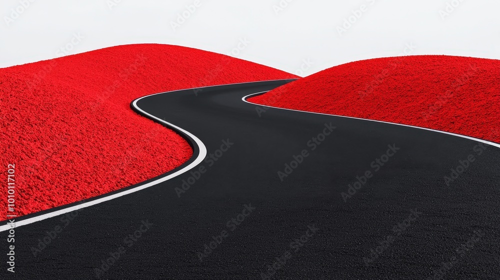 Winding Asphalt Road Through Red Hills Abstract Minimalist Landscape Winding Asphalt Road Through Red Hills Abstract Minimalist Landscape