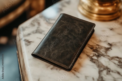 A black leather passport cover on a marble table.