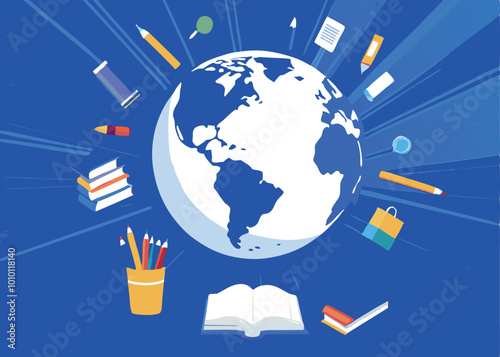 A colorful illustration of a globe surrounded by school supplies, including books, pencils, erasers, and a pencil holder.