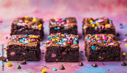 Colorful and delicious chocolate brownies topped with vibrant candy pieces, arranged on a pastel background, creating a playful and inviting dessert display. photo