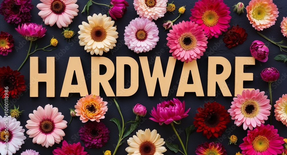 Hardware word lettering on flowers background Hardware word lettering on flowers background