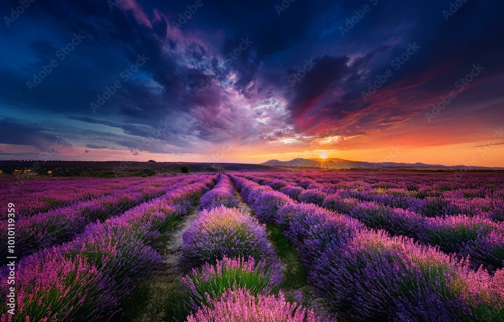Sunset over a field of purple lavender with a bright sky and distant hills. Sunset over a field of purple lavender with a bright sky and distant hills.