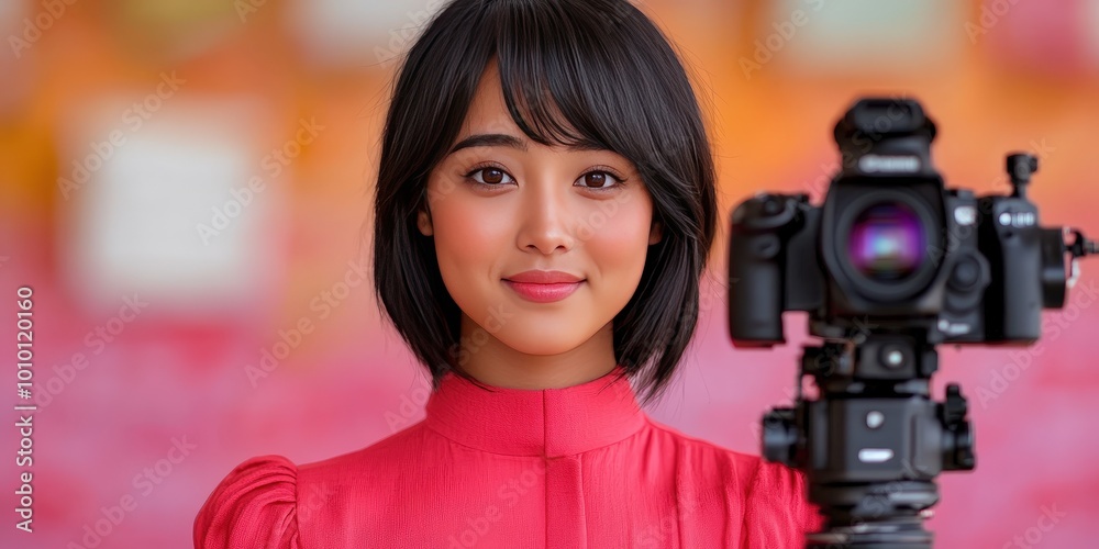 Young Woman Posing with Camera Happy Influencer Portrait Photography Videography Young Woman Posing with Camera Happy Influencer Portrait Photography Videography