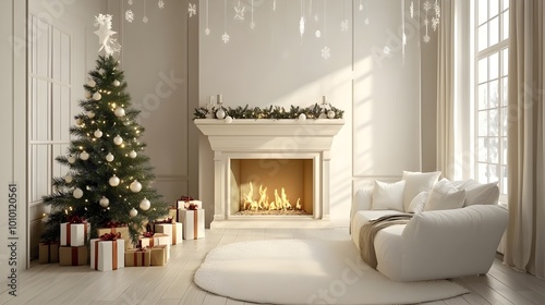 A stylish living room with minimalist Christmas decorations, including a simple yet elegant tree and subtle holiday touches, illustrated in 3D to highlight modern design 