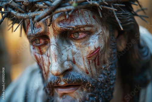 Suffering Savior: Jesus Wearing Crown of Thorns in Dramatic Portrait