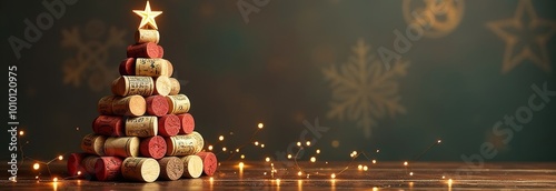 Unique Christmas tree made from wine corks adorned with fairy lights and a star on top ready for celebration