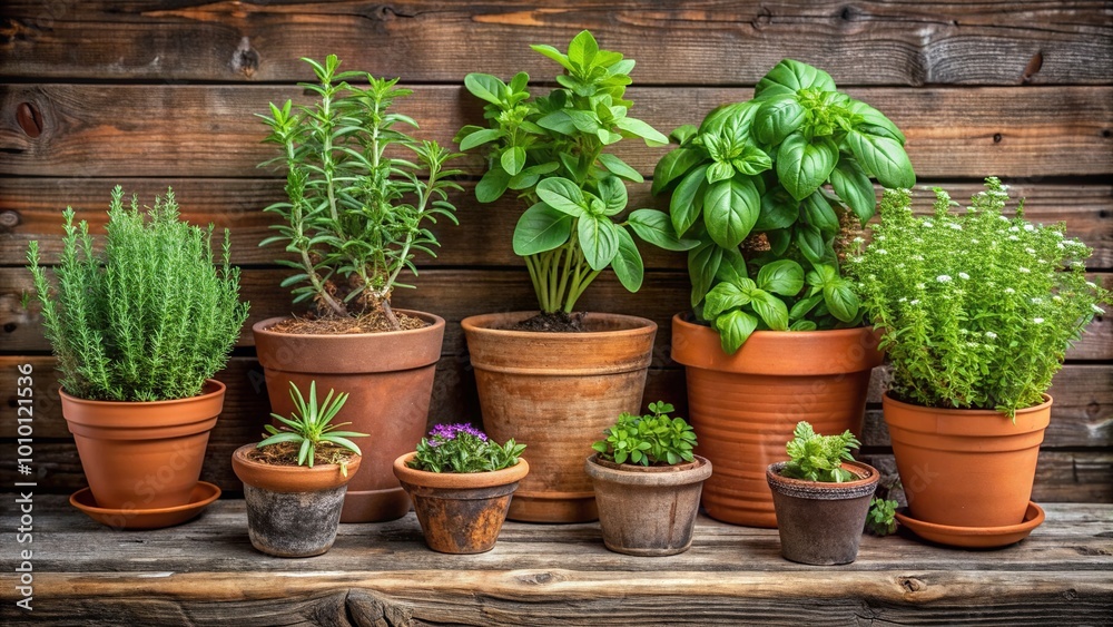 Assorted potted herbs such as basil, rosemary, and thyme overflow from rustic terracotta containers against a weathered wooden backdrop in a garden setting. Assorted potted herbs such as basil, rosemary, and thyme overflow from rustic terracotta containers against a weathered wooden backdrop in a garden setting.