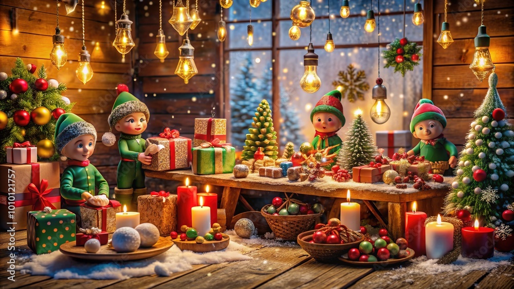 Fototapeta premium Vibrant festive scene featuring busy elves' workshop with colorful ornaments, garlands, and gifts amidst sparkling snowflakes and warm candlelight on rustic wooden tables.