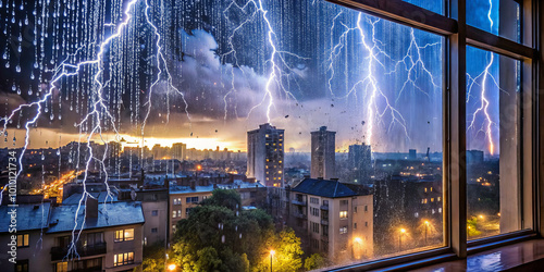 dramatic storm scene showcases heavy rain pounding against window  with bright lightning illuminating dark sky over cityscape. atmosphere is intense and captivating