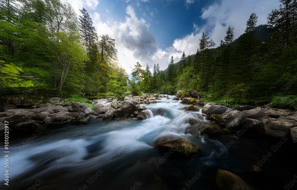 A rushing river winds through a lush green forest, with large rocks jutting out of the water. A rushing river winds through a lush green forest, with large rocks jutting out of the water.
