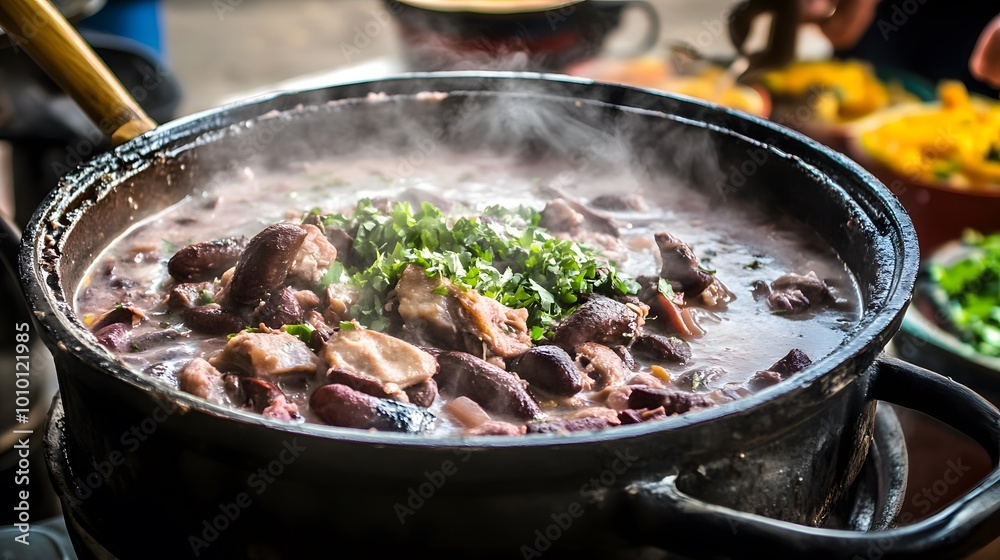 A large pot of steaming feijoada, a traditional Brazilian stew, is ready to be served. A large pot of steaming feijoada, a traditional Brazilian stew, is ready to be served.