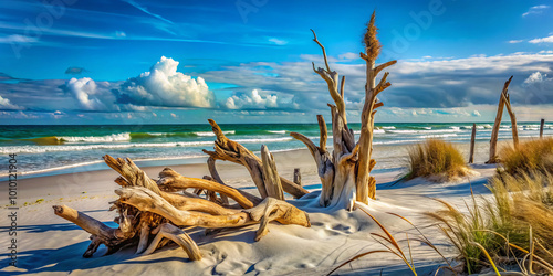 Driftwood sculptures dot windswept beach, where sea oats sway gently in breeze, creating serene coastal landscape. vibrant sky and rolling waves enhance tranquil atmosphere photo